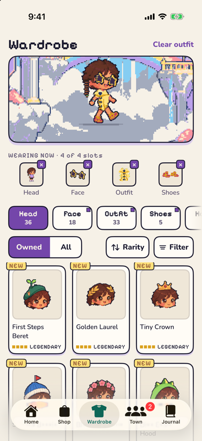 The wardrobe, with a sprout beanie and round glasses.